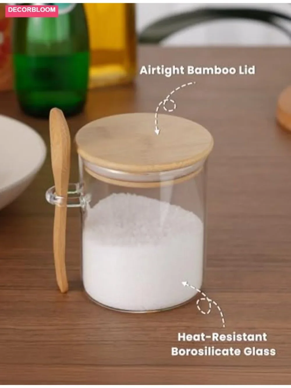 Glass Salt Cellar with Bamboo Lid and Spoon, 17oz Airtight Kitchen Container